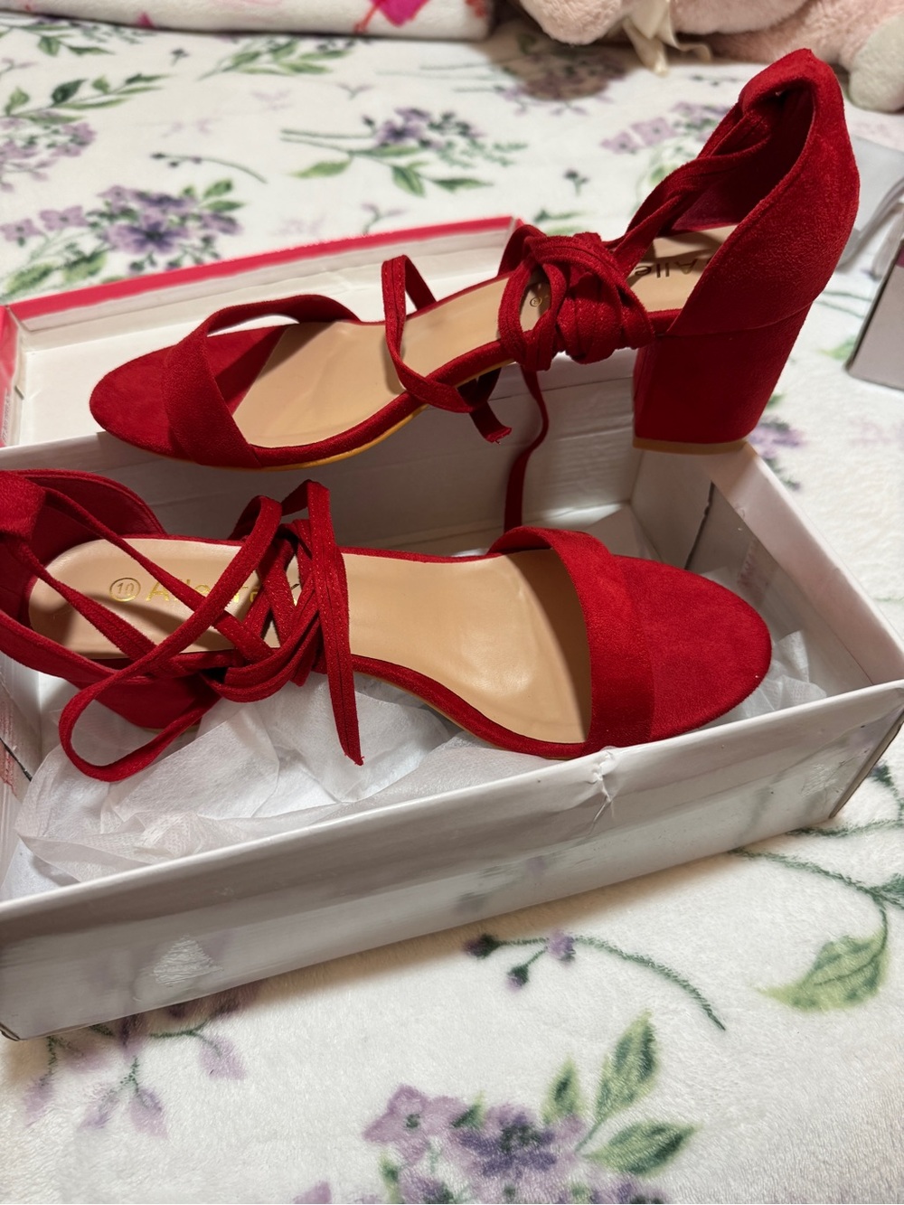 Allegra K Red Suede Lace-Up Block Heel Sandals